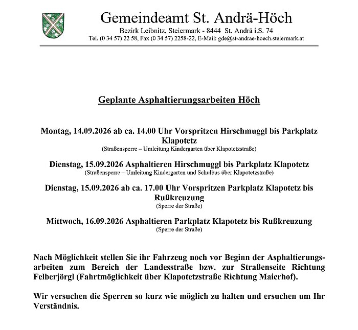 Information über Straßensperre Höch