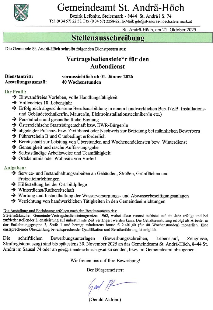 Ausschreibung für die Stelle für den Aussendienst. Vollbeschäftigung. Bewerbungen bitte bis 30. November ans Gemeindeamt St. Andrä-Höch richten.